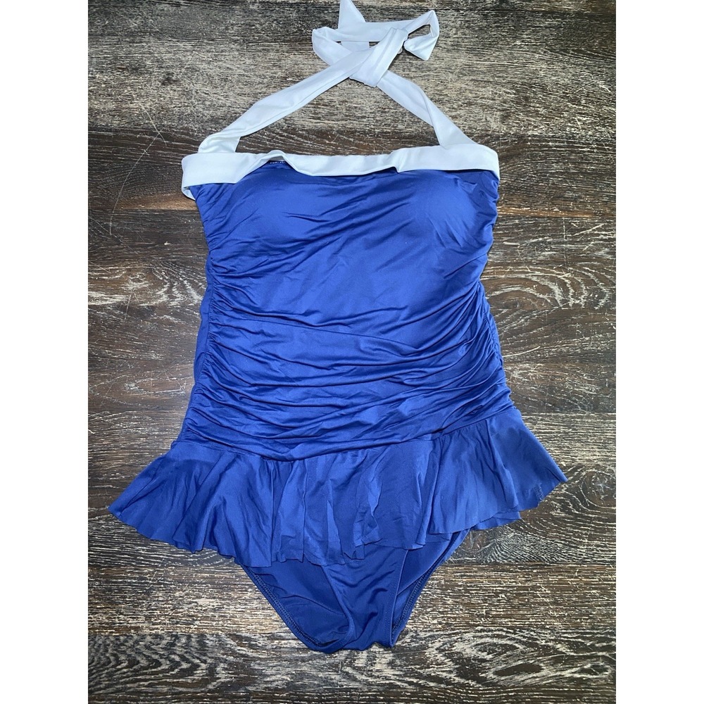 Lauren Ralph Lauren Women's 14 One Piece Dress Swimsuit Navy Blue White Nautical